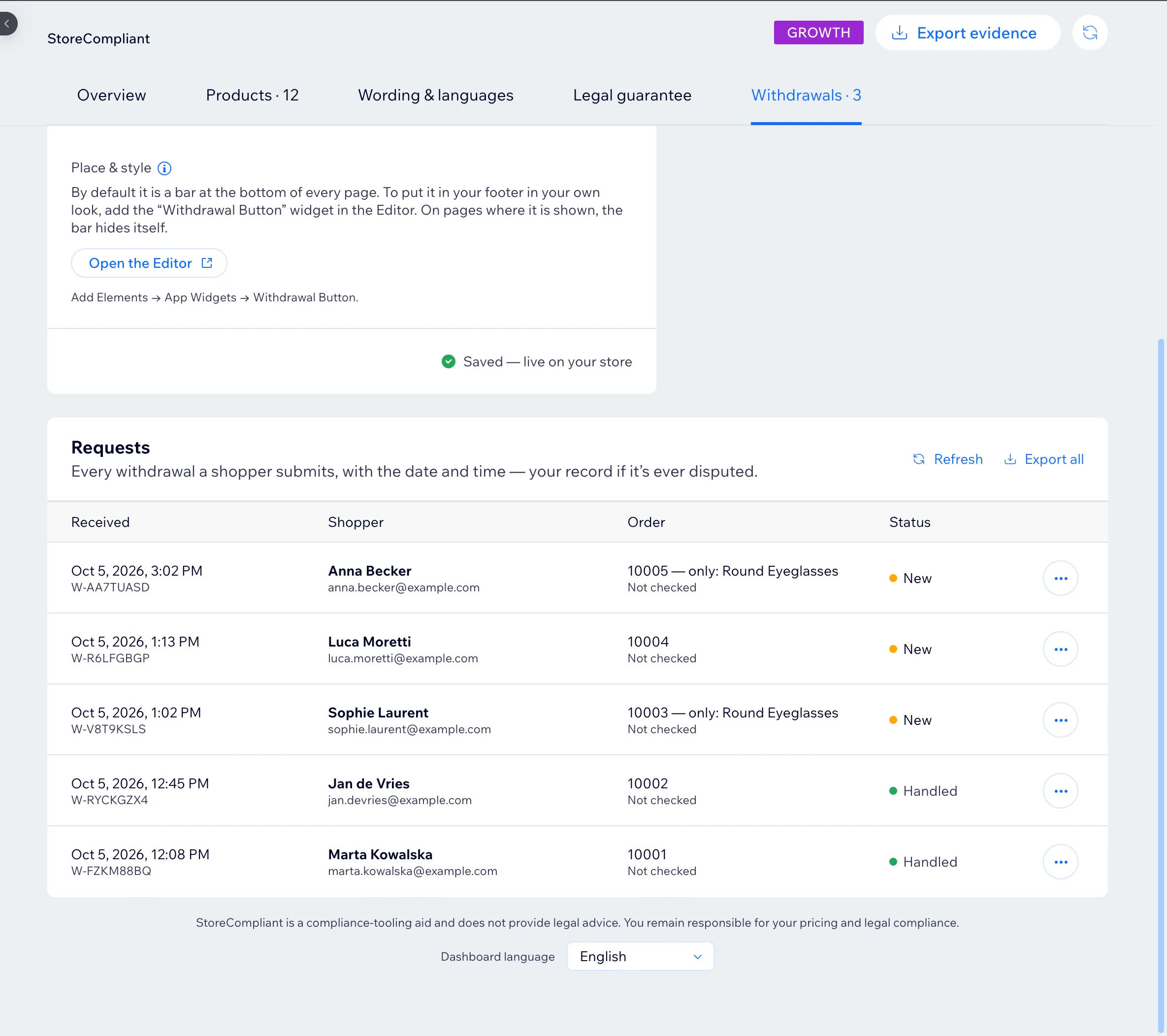 The Withdrawals tab of the StoreCompliant dashboard: a log of requests with date and time, reference number, shopper, order number and status.