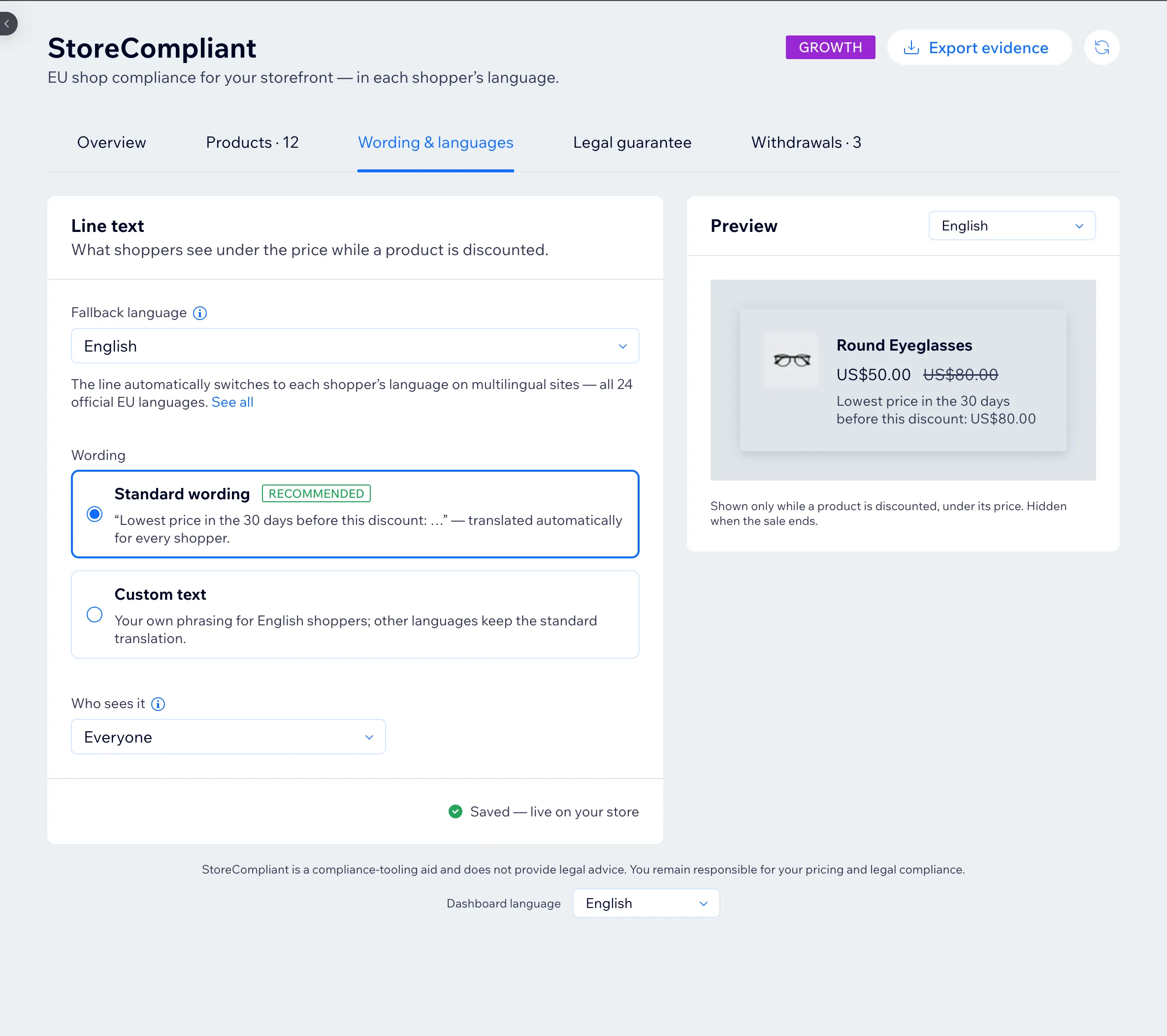 The “Wording & languages” tab of the StoreCompliant dashboard: a fallback language, standard or custom wording for the price line, who sees it, and a preview of the line under a product’s price.