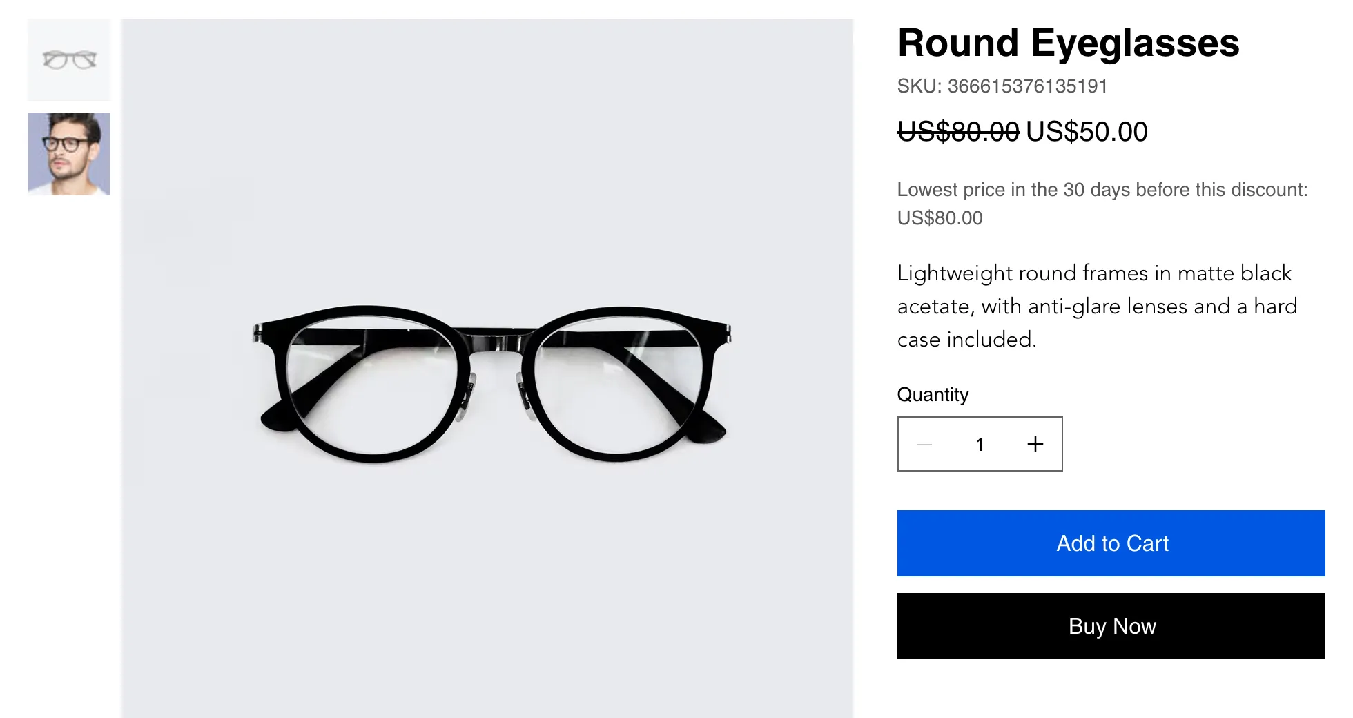 A product page showing a crossed-out price of US$80.00, a sale price of US$50.00 and the line “Lowest price in the 30 days before this discount: US$80.00”.